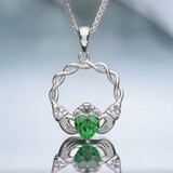 Sterling Silver Green Stone Claddagh Pendant with reflection