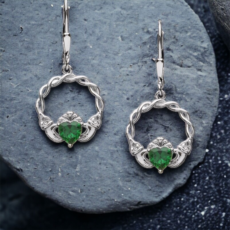 Sterling Silver Green Stone Claddagh Earrings