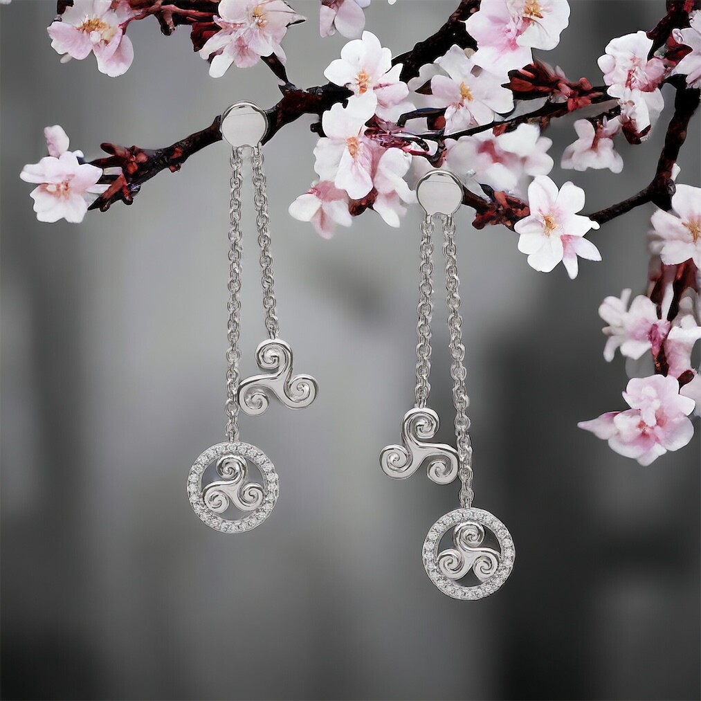 Sterling Silver Triskele Celtic Earrings with Flowers