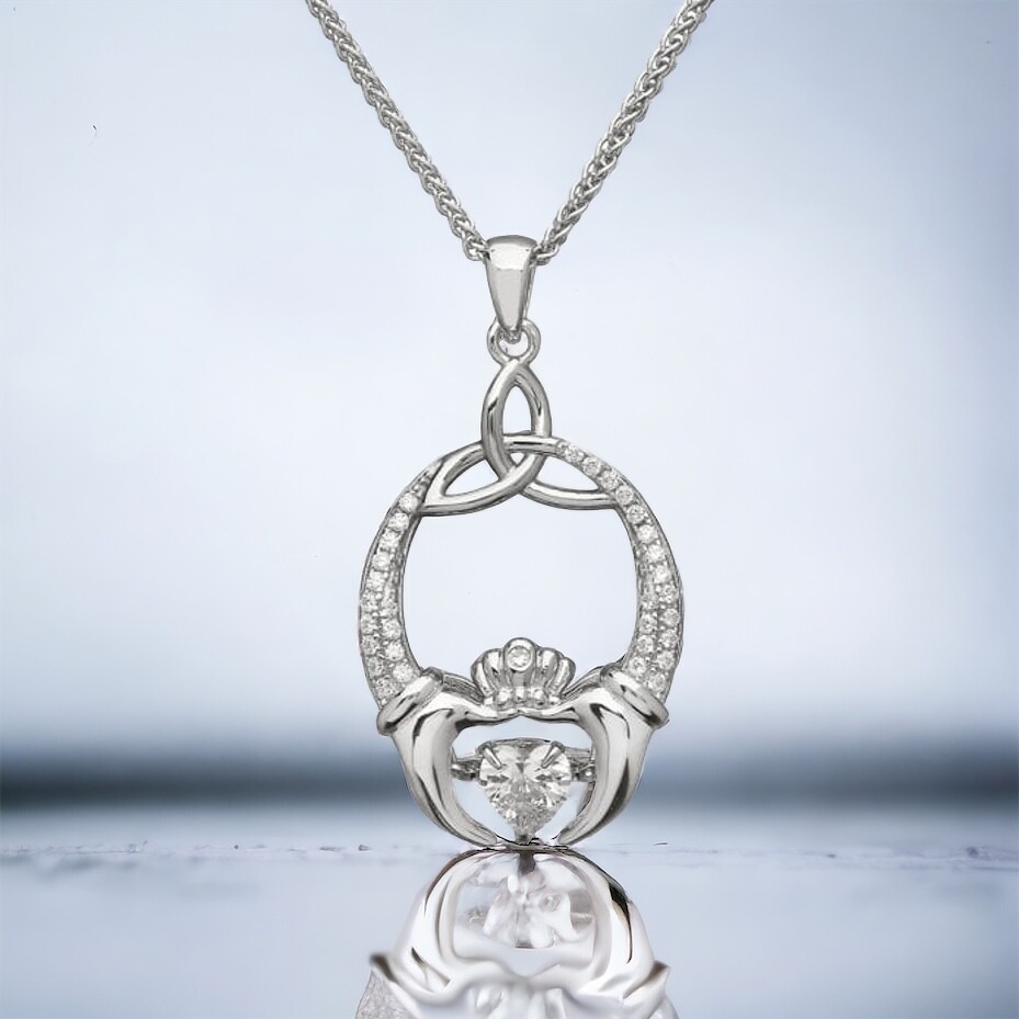 Sterling Silver Dancing Stone Claddagh Pendant