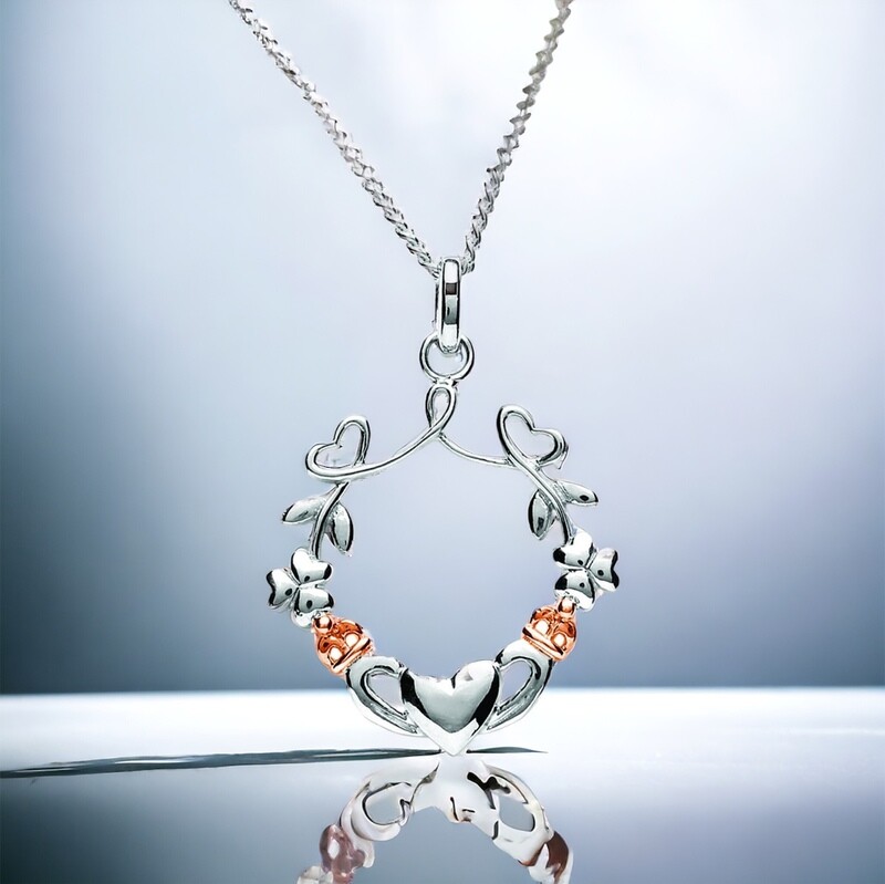 Sterling Silver heart shamrock claddagh pendant