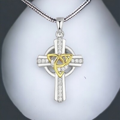 Sterling Silver Celtic Cross with CZ sparkling stones and central yellow gold plated trinity knot. 