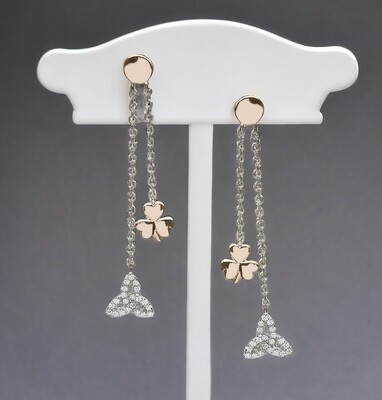 Rose gold plated Irish shamrock and CZ trinity knot drop earrings in sterling silver, handcrafted Celtic jewelry.
