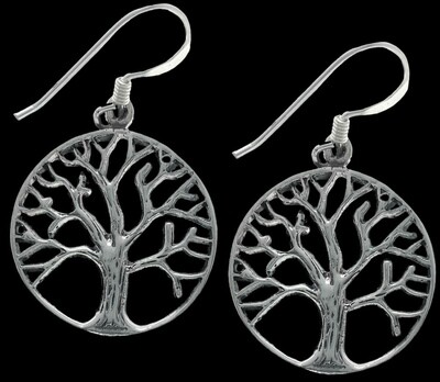 Sterling silver Celtic Tree of Life earrings with intricate knotwork design, inspired by Irish heritage, on black background