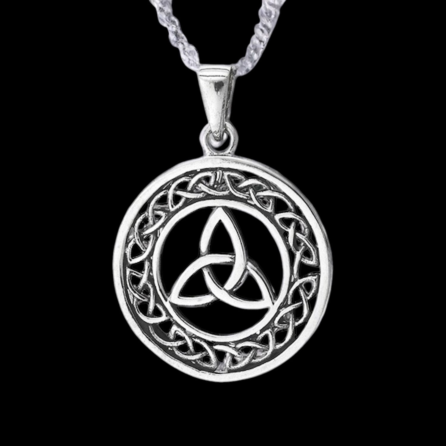 Celtic Trinity Knot Unisex Circle Pendant Necklace – Glenys Sterling Silver Trinity Knot and Celtic Knotwork Pendant Necklace on Black Background.