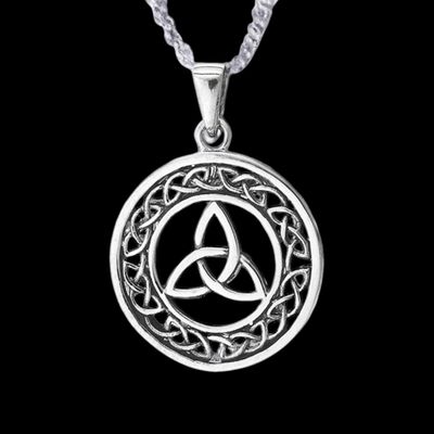 Celtic Trinity Knot Unisex Circle Pendant Necklace – Glenys Sterling Silver Trinity Knot and Celtic Knotwork Pendant Necklace on Black Background.