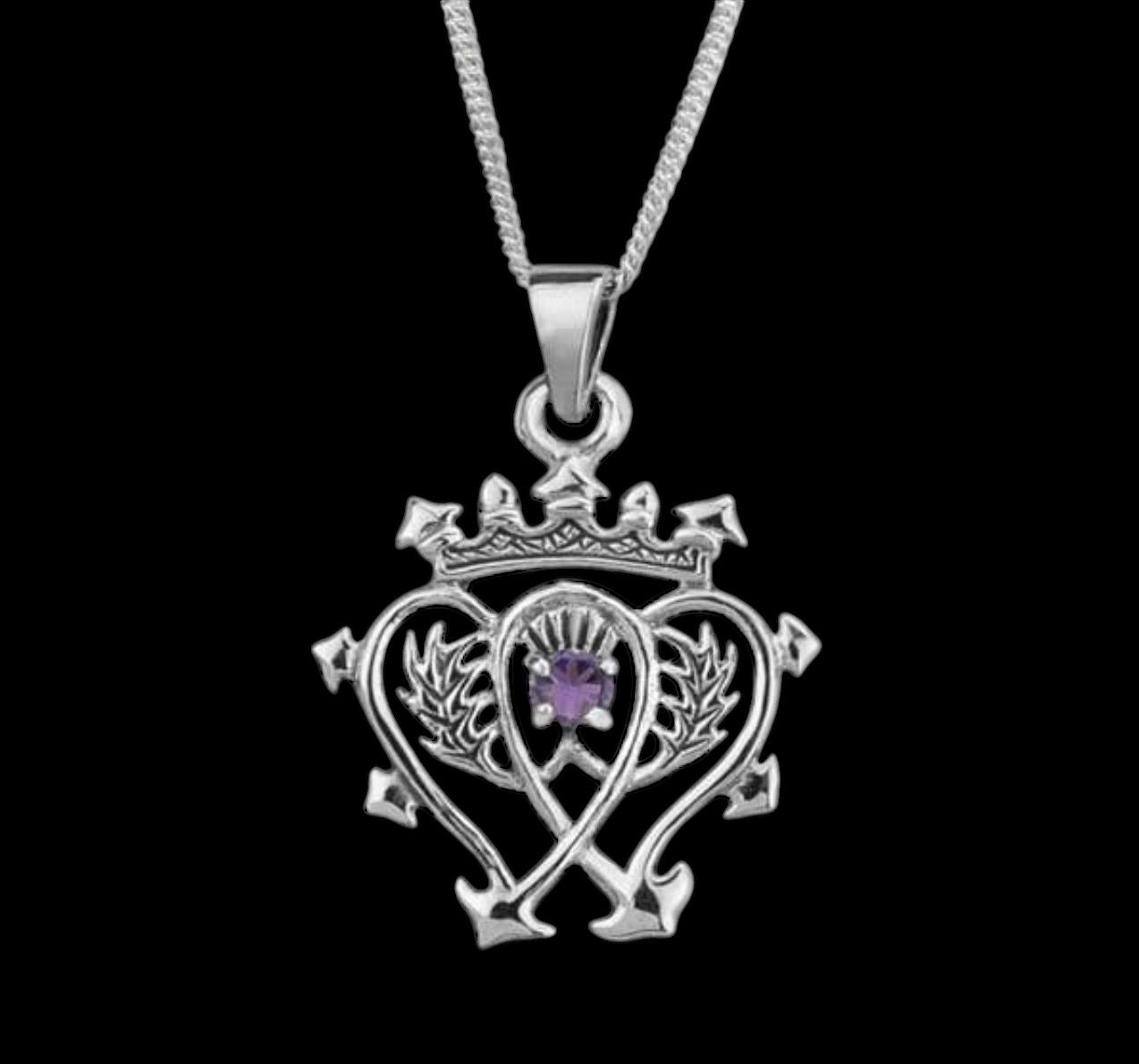 Scottish Luckenbooth Pendant with Amethyst Stone Sterling silver Scottish Luckenbooth pendant, Celtic heritage jewelry symbolizing love and luck, on black background.