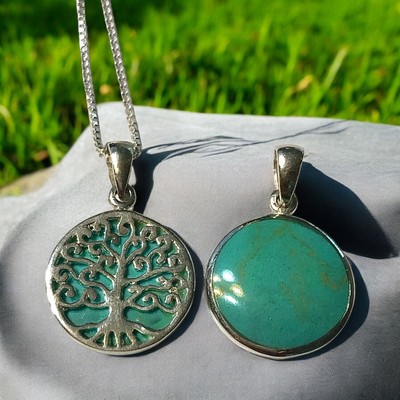 Double-Sided Synthetic Turquoise Celtic Tree of Life Pendant Necklace