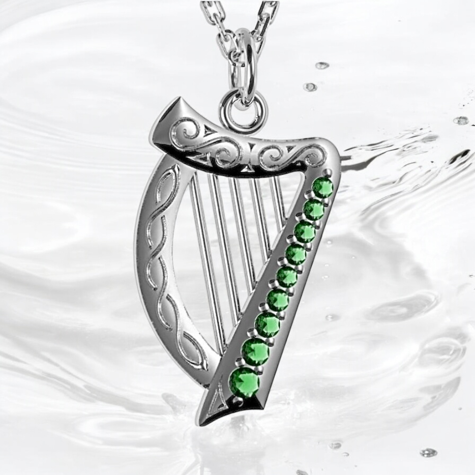 Exquisite Harp Pendant with CZ Stones - 2 Colors Available! Sterling silver Celtic harp pendant inspired by Irish and Welsh heritage, perfect for harpists, with green gemstones.