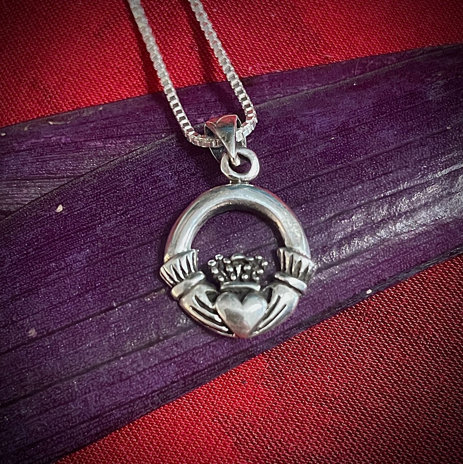 Celtic Sterling Silver Irish Claddagh Pendant Necklace on Leaf