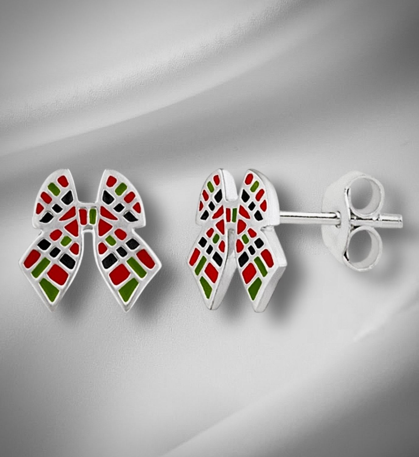Sterling silver earrings featuring a detailed Scottish tartan pattern.