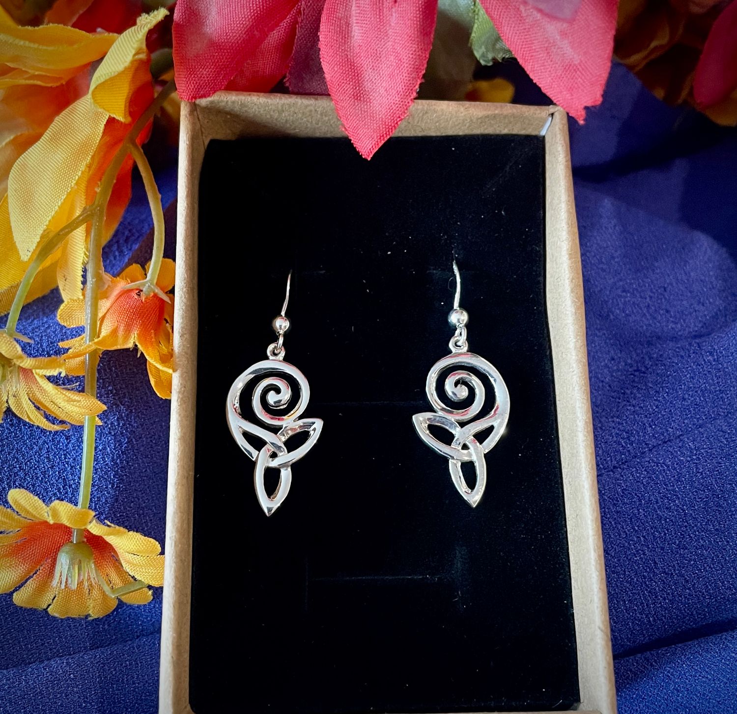 Sterling Silver Celtic Swirl Unique Drop Earrings in Jewelry Box