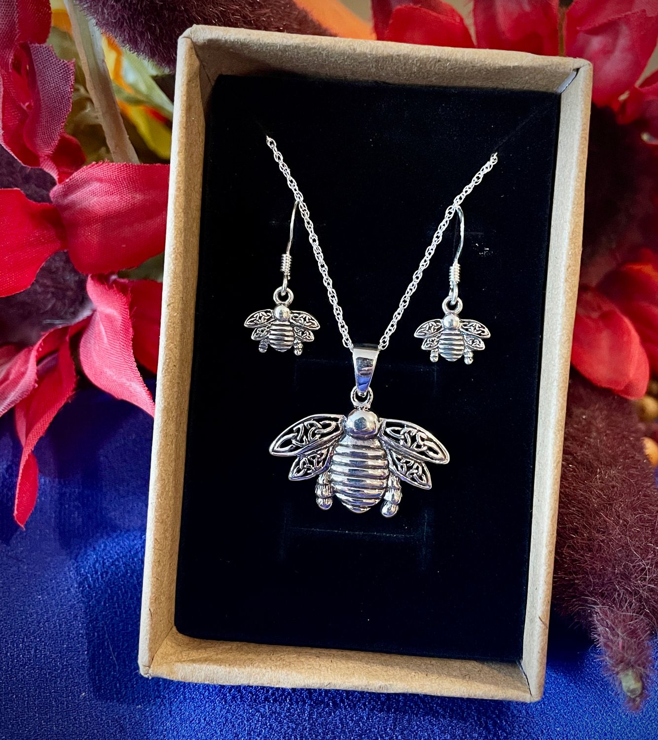 Sterling Silver Outlander inspired honey bee earrings and pendant jewelry set, shown in jewelry box. 