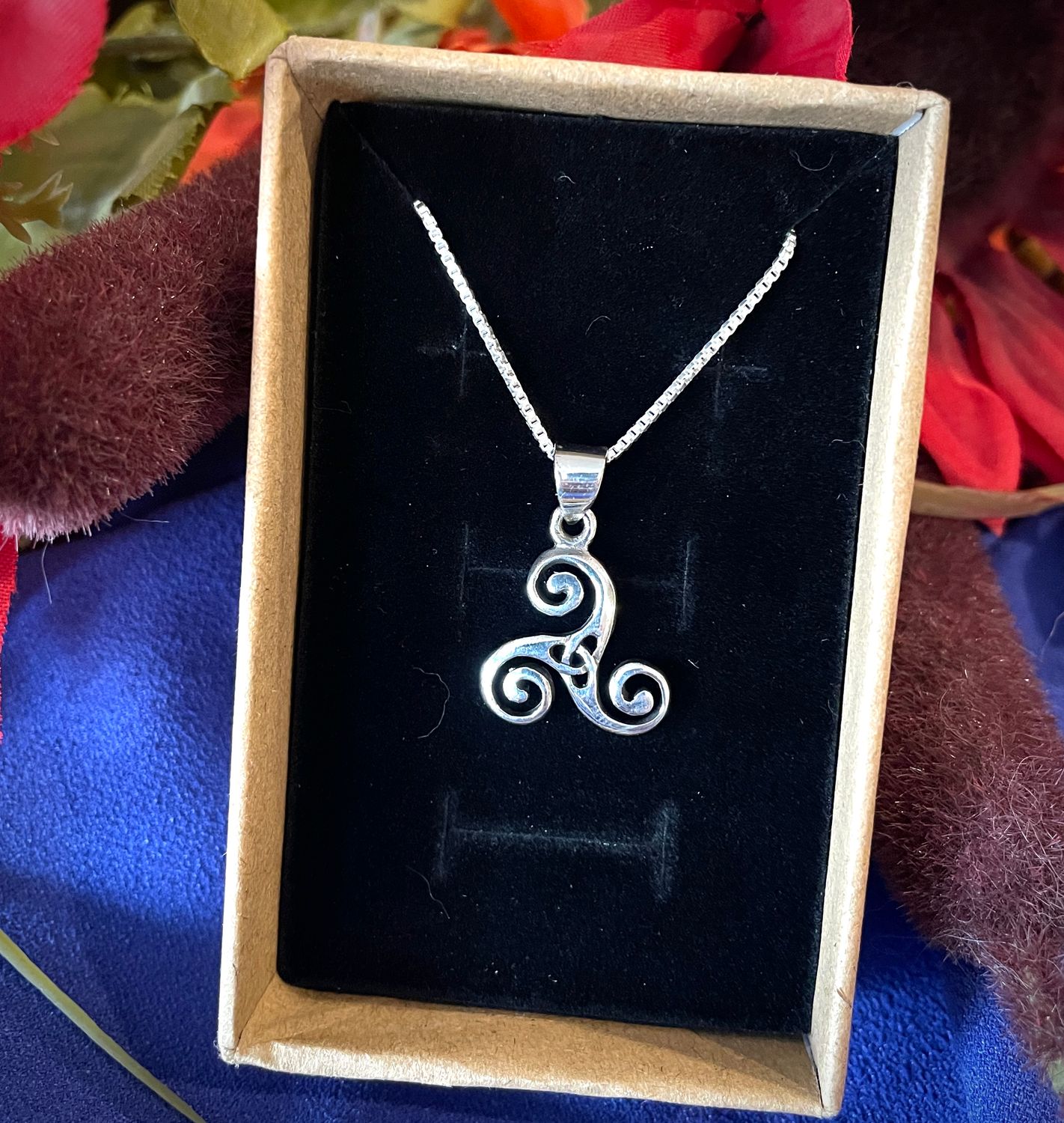 Triskele Pendant Small - Nara Sterling Silver Celtic Triskele Pendant Necklace on Silver Chain in Jewelry Box.