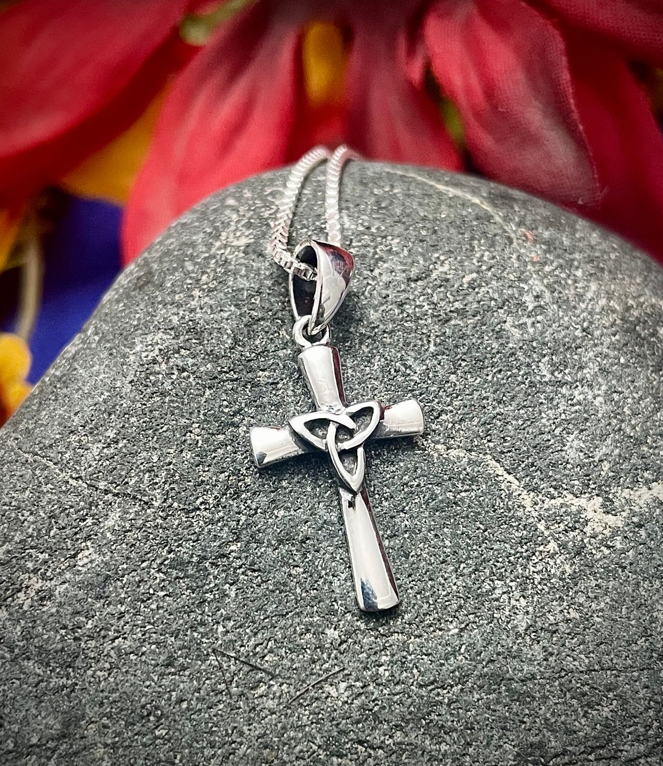 Sterling Silver Unique Celtic Cross Pendant with central Trinity Knot on Stone pendant.