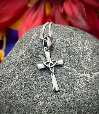 Sterling Silver Unique Celtic Cross Pendant with central Trinity Knot on Stone pendant. 