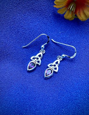 Irish-inspired sterling silver earrings with Trinity Knot design and sparkling amethyst-colored stones.