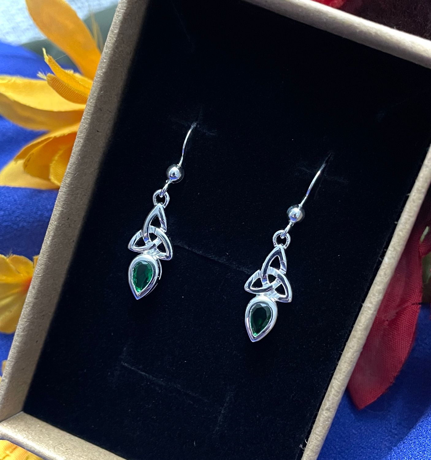 Trinity Knot and Synthetic Emerald Earrings