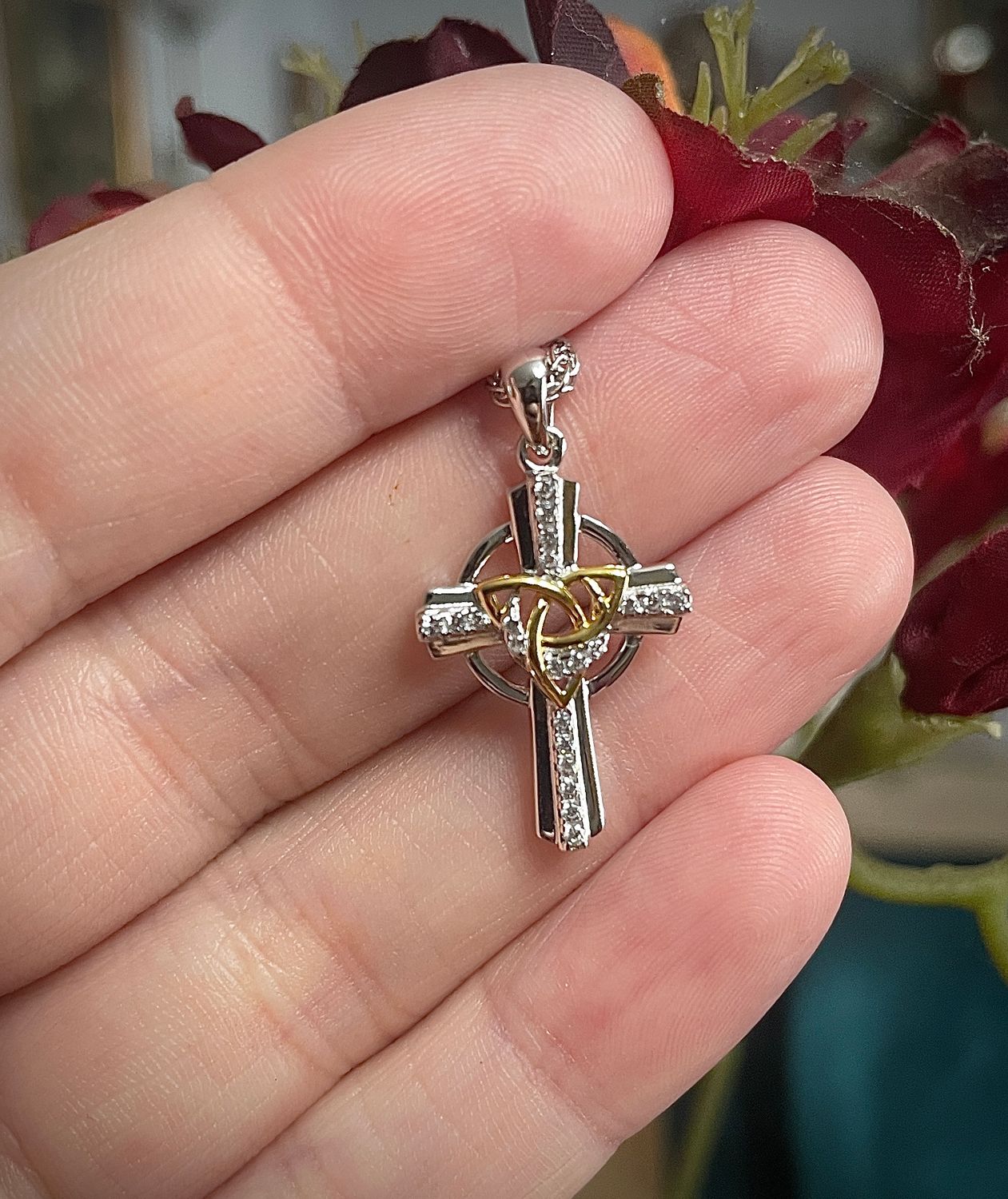 Sterling silver Celtic Cross pendant with CZ stones and yellow gold plated central Trinity Knot, Celtic heritage jewelry.