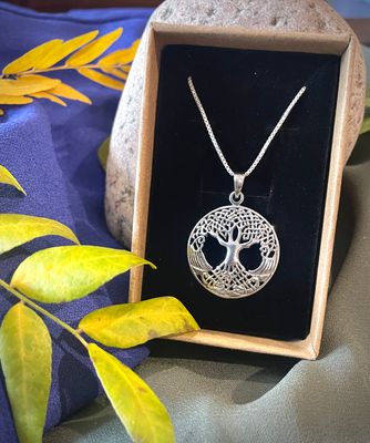 Sterling silver Celtic Tree of Life pendant with detailed roots and branches, symbolizing growth, strength. In jewelry box. 