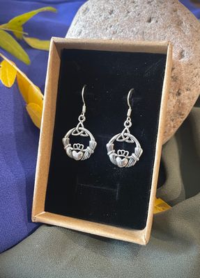 Silver Claddagh and Trinity Knot Earrings Sterling silver Irish Claddagh earrings featuring the traditional hands, heart, and crown design symbolizing love, loyalty,