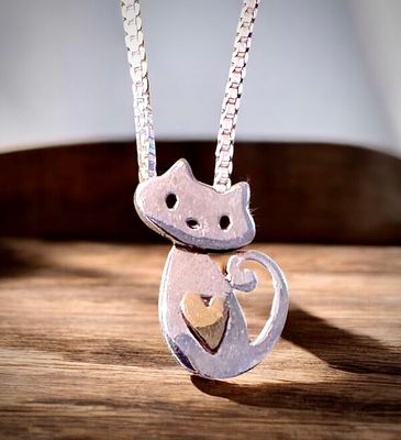 Silver Celtic Cat with Brass Heart Silver Celtic Cat with Brass Heart
