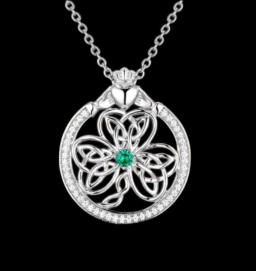 Sterling silver Irish Shamrock and Claddagh pendant necklace, handcrafted in Ireland, Celtic heritage jewelry.