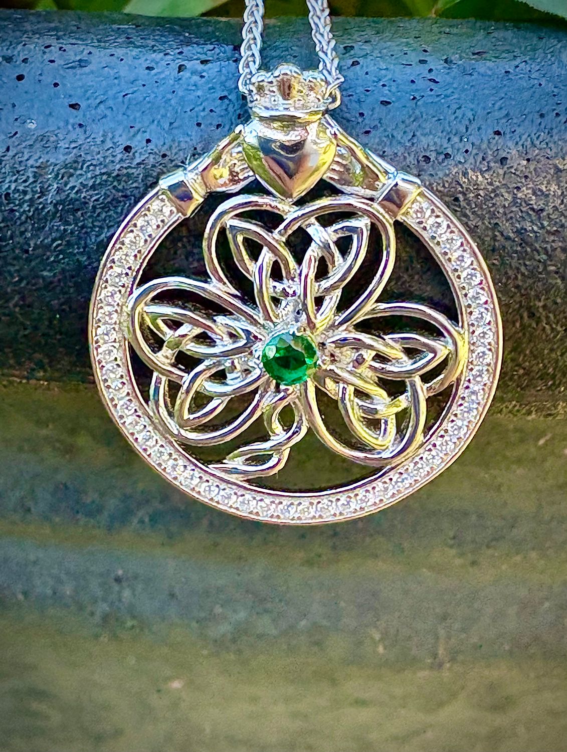Irish Shamrock and Claddagh sterling silver pendant, made in Ireland, symbolic Celtic necklace.
