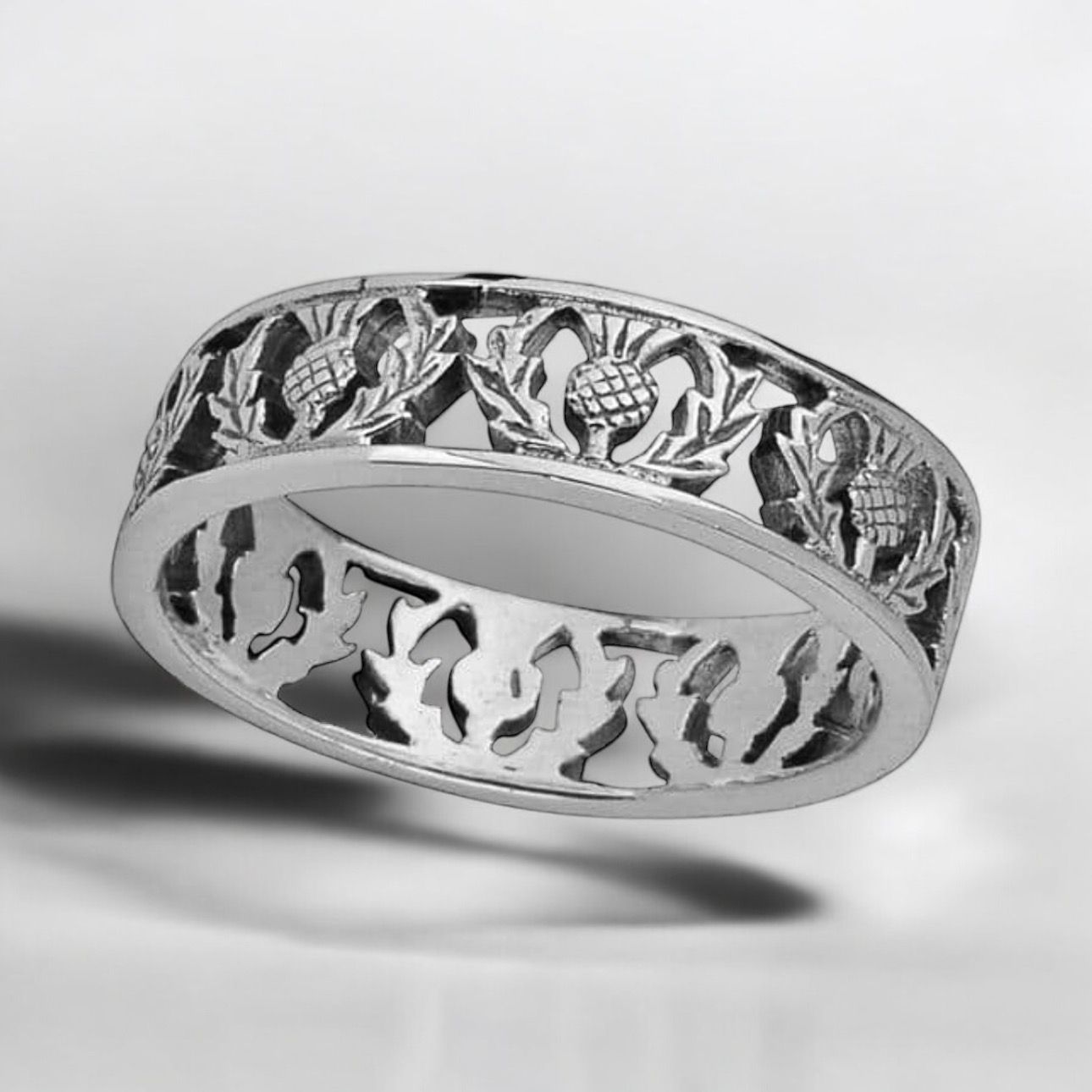 Scottish Silver Thistle Unisex Ring Band Elegant Scottish thistle ring in sterling silver, handcrafted jewelry inspired by Scotland’s national emblem.