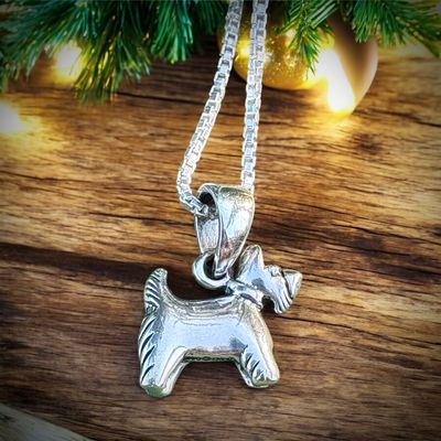 Silver Scottish Terrier Scottie Dog Pendant Sterling silver Scottish Terrier pendant necklace, handcrafted Scottie dog charm jewelry near holiday lights.