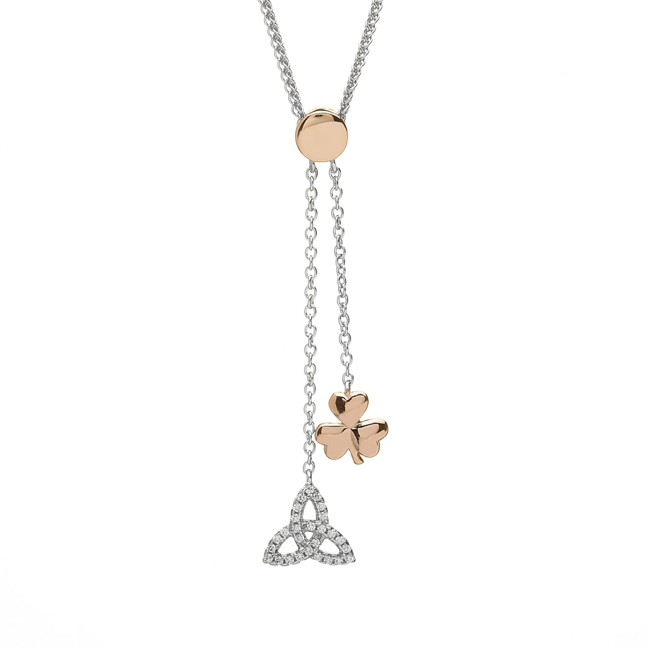Rose Gold Shamrock and Trinity Pendant Stylish Rose Gold Plated Shamrock & Trinity Knot Pendant necklace, on white background.