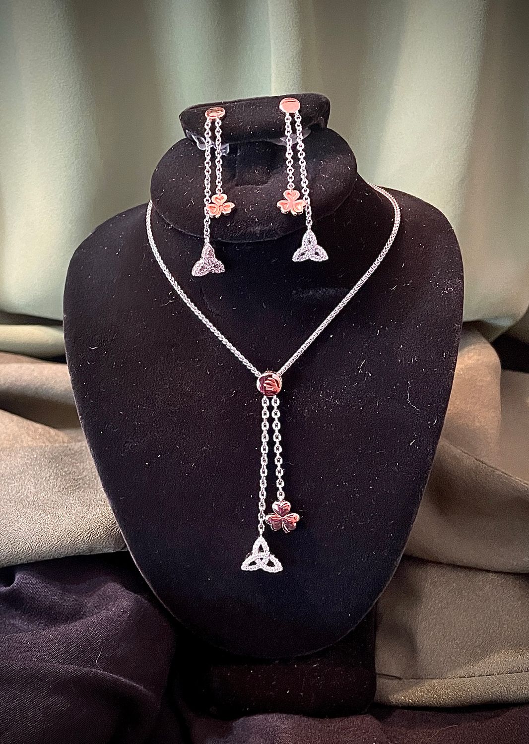 Sterling Silver Celtic Pendant and Earrings with Irish Rose Gold Plated Shamrock and Trinity Knot with Sparkling CZ stones