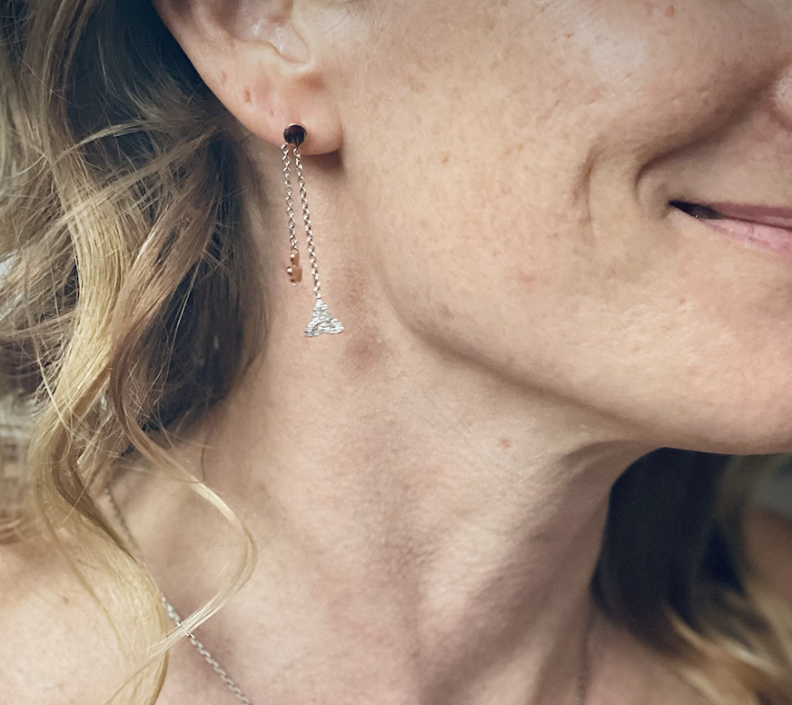 Sterling silver drop earrings with Irish rose gold shamrock and CZ trinity knot design, perfect Irish made heritage gift.