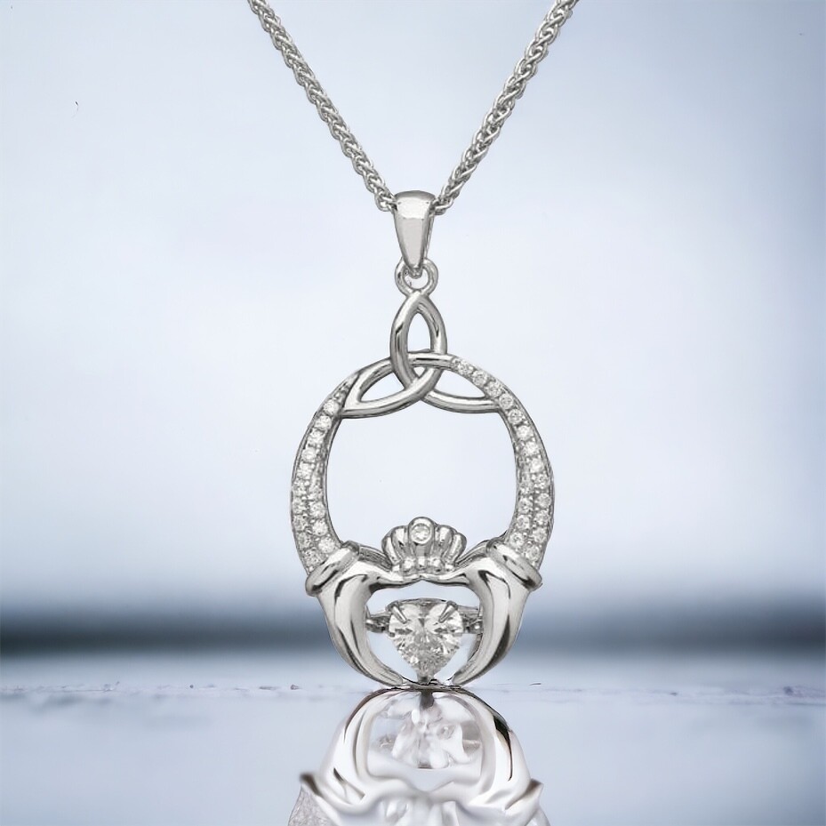 Sterling Silver Dancing Stone Claddagh Pendant