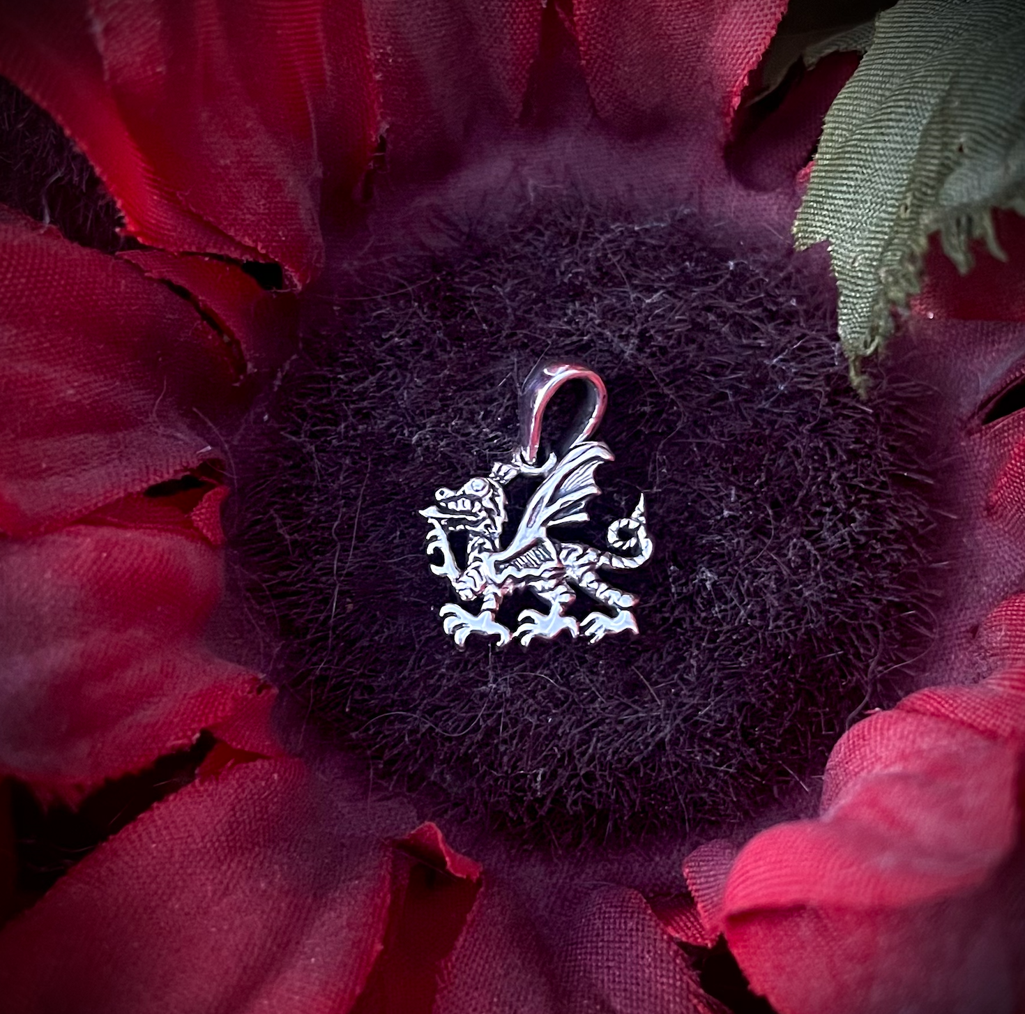 Sterling Silver Celtic Welsh Dragon Pendant on Flower