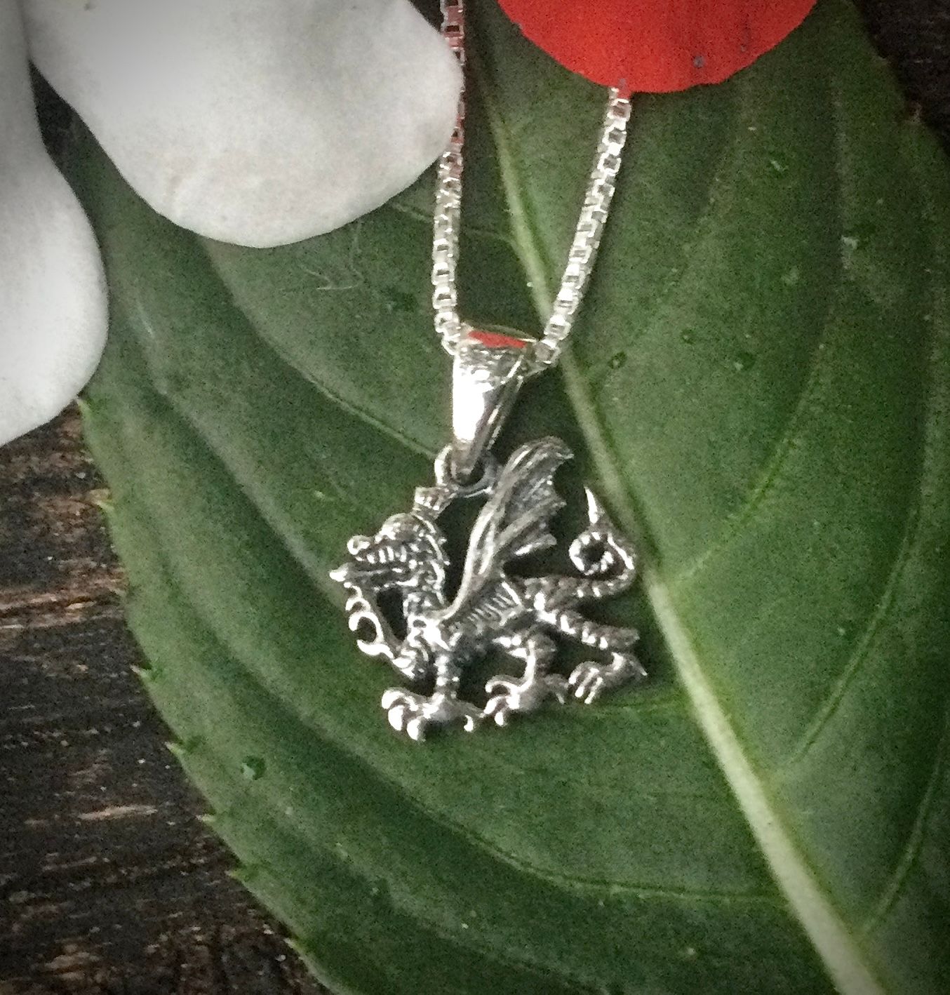 Sterling Silver Celtic Welsh Dragon Pendant on Leaf