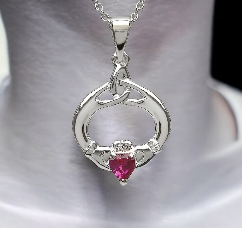 Claddagh and Trinity stone set - Ulla Sterling silver Irish Claddagh pendant necklace with a vibrant colored gemstone, symbolizing love, loyalty, and friendship.