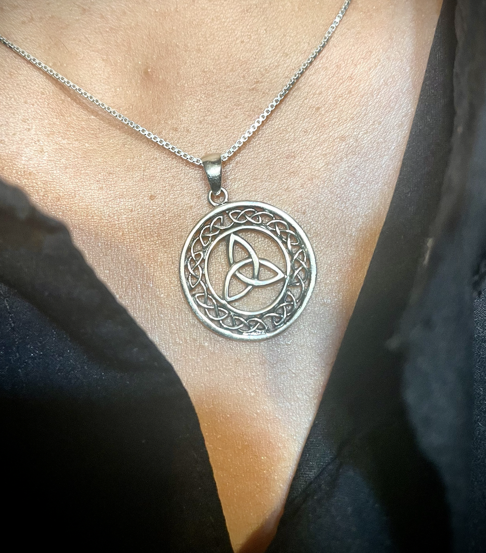 Sterling Silver Celtic Trinity Knot and Knotwork Pendant Necklace on Model.