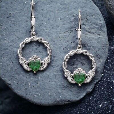 Sterling Silver Green Stone Claddagh Earrings