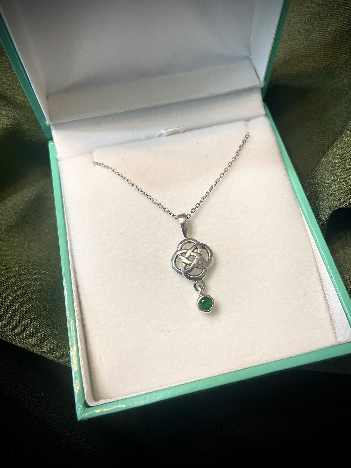 Classic Celtic Knot Pendant with Synthetic Green Emerald