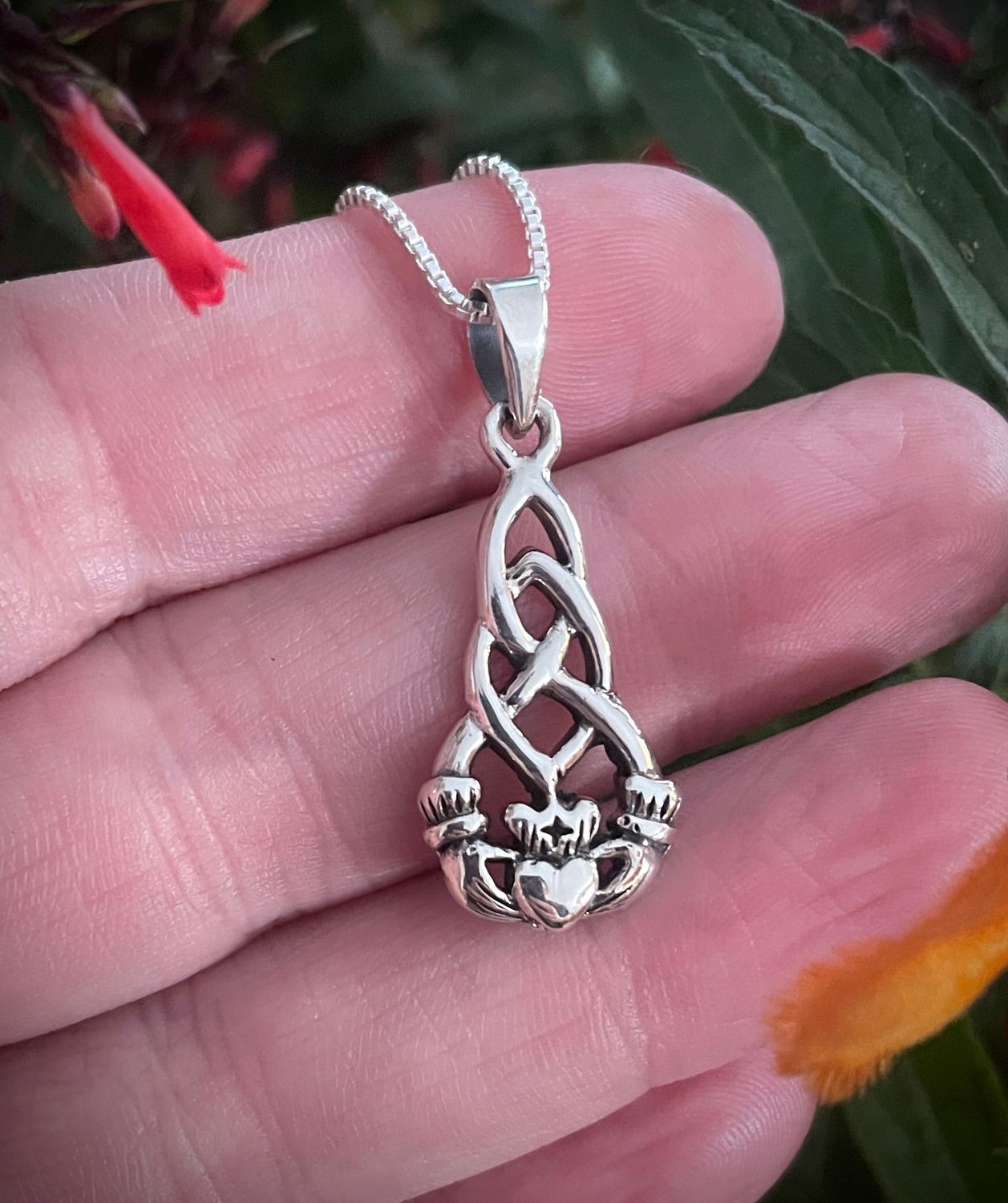 Elongated Celtic Knot with Claddagh Sterling Silver Trinity Knot Irish Claddagh Pendant Necklace