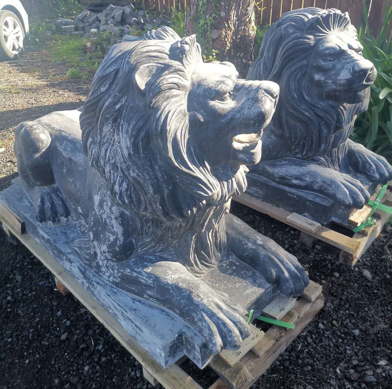 One Pair Of Vintage Finished Crouching Lions- Blue Stone