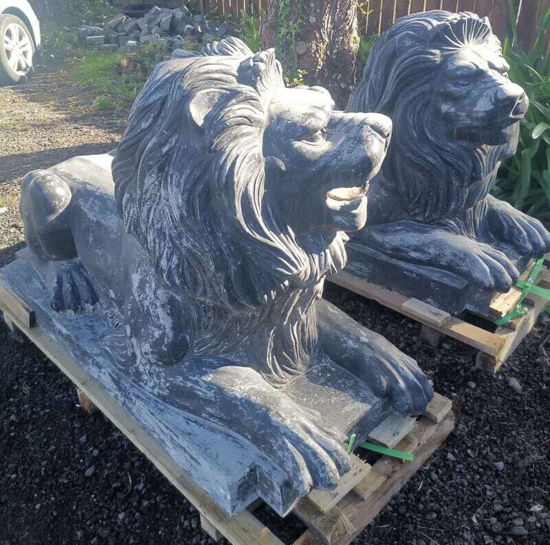 One Pair Of Vintage Finished Crouching Lions- Blue Stone