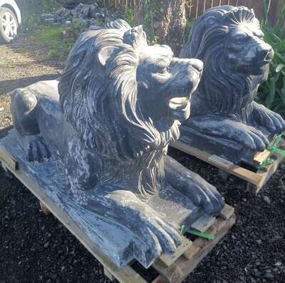 One Pair Of Vintage Finished Crouching Lions- Blue Stone