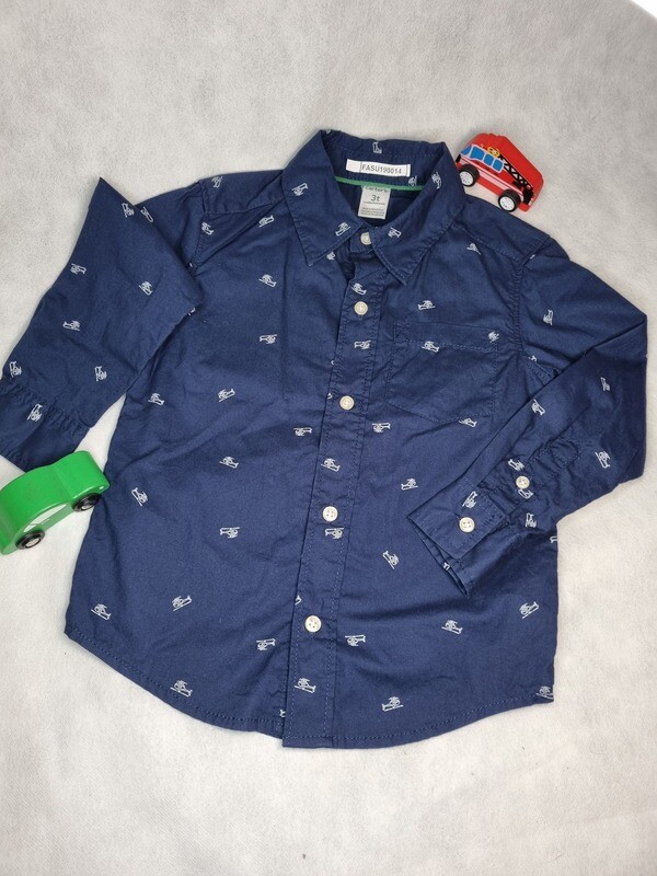 CAMISA PARA NIÑO MANGA LARGA, AZUL MARINO CON DELICADAS ESTAMPAS DE HELICÓPTEROS, MARCA CARTER&#39;S TALLE 3