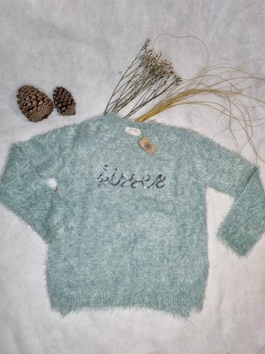 SWEATER DE ANGORA, COLOR VERDE AGUA, CON DETALLE DE LETRAS CON LENTEJUELAS AL FRENTE. MARCA ZARA GIRL, TALLE 9/10