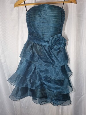VESTIDO DE FIESTA STRAPLESS, COLOR AZUL PETROLEO, TALLE XS. EXCELENTE ESTADO
