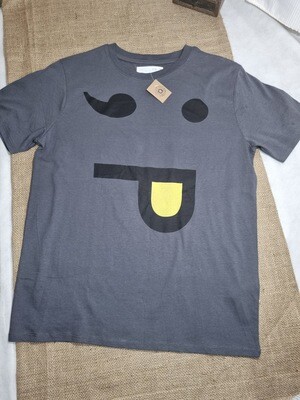 REMERA DE MANGA CORTA, COLOR GRIS CON ESTAMPAS EN NEGRO Y AMARILLO, MARCA ZARA, TALLE 11/12