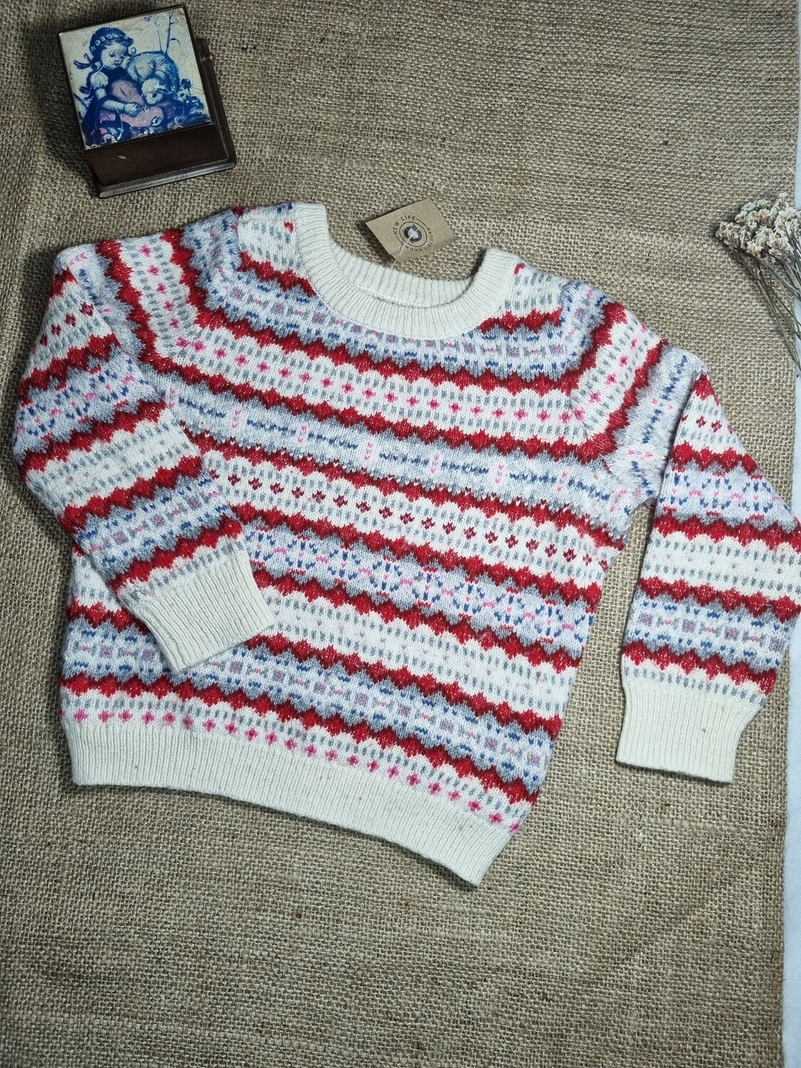 BUZO DE LANA, CUELLO A LA BASE, CON DISEÑOS ESTILO BARILOCHE, CON LUREX. MARCA BABY GAP. TALLE 2 AÑOS
