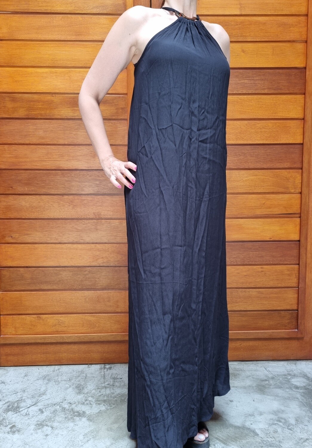 VESTIDO SOLERA NEGRO, LARGO, CON DETALLE EN CAREY , MARCA LIMITE, TALLE L. NUEVO CON ETIQUETA